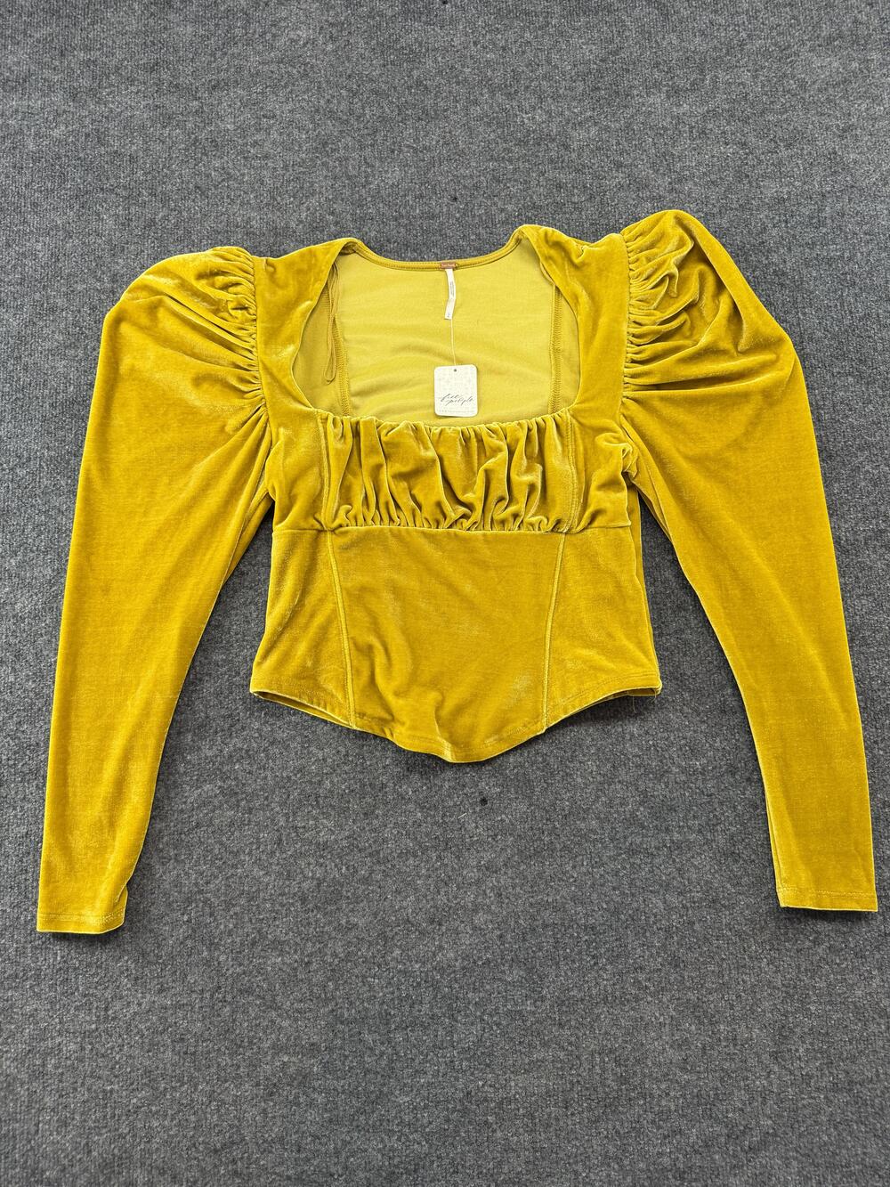 Free People Blouse Womens Large Yellow Velvet Square Neck Puff Sleeve Top